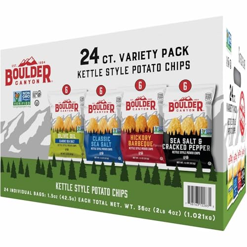 0708163122835 - BOULDER CANYON KETTLE COOKED POTATO CHIP VARIETY PACK (24 INDIVIDUAL - 1.5 OZ BAGS) OF THE FOLLOWING FLAVORS: OLIVE OIL, HICKORY BARBEQUE, SEA SALT AND SEA SALT & CRACKED PEPPER
