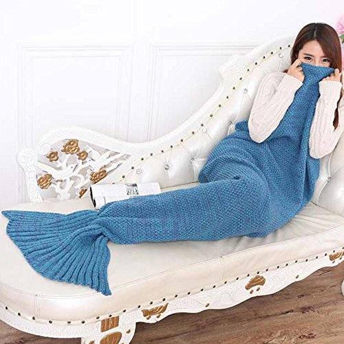 0708311294902 - MERMAID TAIL BLANKET CROCHET FOR ADULT SUPER SOFT ALL SEASONS SLEEPING (S 19.7 X 35.4 INCHES, BLUE)