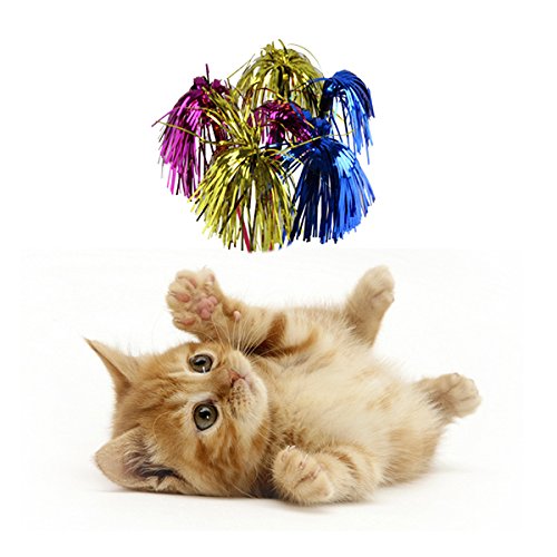 0708315130886 - CAT TEASER TOY CHEERLEADING POM POMS STYLE WITH SOFT CRINKLE STREAMERS PET KITTY TOY CAT WAND, POLE SIZE: 15.4, PAPER SIZE: 4.3 (RED)