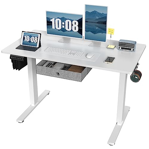 0708436280699 - ELECTRIC STANDING DESK WITH DRAWER, 48 X 24 INCH SIT TO STAND UP DESK WITH STORAGE, HEIGHT ADJUSTABLE ERGONOMIC COMPUTER DESK WITH WIRE HOLE AND HOOK FOR WORKSTATION FOR HOME, OFFICE, STUDY