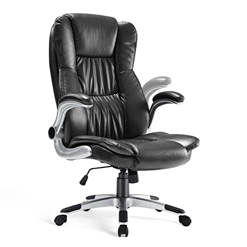 0708436281641 - BIG AND TALL OFFICE CHAIR ERGONOMIC DESK CHAIR WITH ARMS ADJUSTABLE HEIGHT HIGH BACK LUMBAR SUPPORT COMPUTER CHAIR COMFORTABLE LEATHER BLACK EXECUTIVE CHAIR
