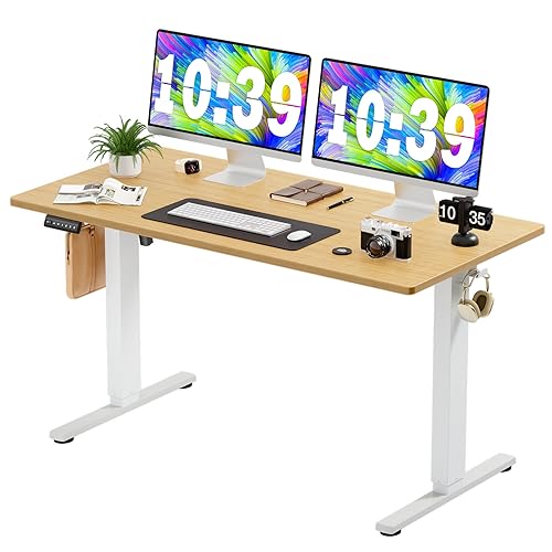 0708436295259 - SWEETCRISPY ELECTRIC 55 X 24 INCH ADJUSTABLE HEIGHT SIT TO STAND UP DESK WITH SPLICE BOARD, RISING HOME OFFICE COMPUTER TABLE WITH 2 HOOK, NATURE