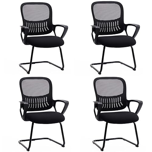 0708436638469 - DESK CHAIR NO WHEELS, WAITING ROOM CHAIRS SET OF 4, MESH OFFICE GUEST RECEPTION CHAIRS WITH SLED BASE, ERGONOMIC LUMBAR SUPPORT AND UPGRADED CUSHION FOR CONFERENCE ROOM