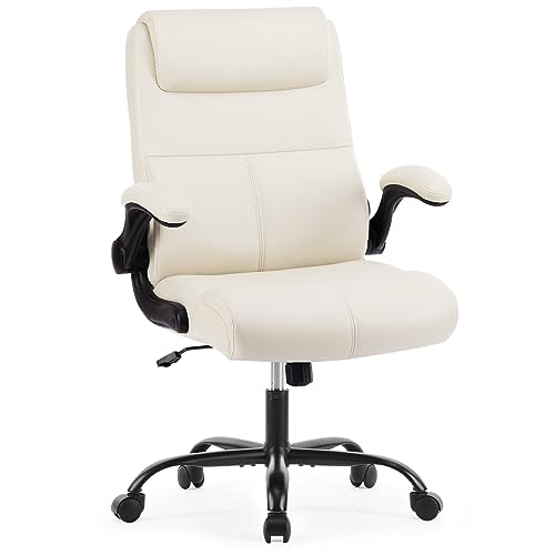 0708436639732 - SWEETCRISPY ERGONOMIC EXECUTIVE OFFICE CHAIR: DESK CHAIR WITH WHEELS MID BACK COMPUTER CHAIR WITH LUMBAR SUPPORT HEIGHT ADJUSTABLE PU LEATHER OFFICE CHAIR FLIP UP ARMS, BEIGE WHITE