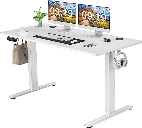0708436640066 - STANDING DESK ADJUSTABLE HEIGHT, 55 X 24 INCHS ELECTRIC STANDING DESK WITH 3 MEMORY PRESETS, ADJUSTABLE DESK STAND UP DESK WITH T-SHAPED BRACKET, ERGONOMIC COMPUTER DESK FOR HOME OFFICE, WHITE