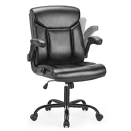 0708436644217 - SWEETCRISPY ERGONOMIC EXECUTIVE OFFICE CHAIR: HEIGHT ADJUSTABLE PU LEATHER OFFICE CHAIR FLIP-UP ARMS MID BACK DESK CHAIR WITH WHEELS COMPUTER CHAIR WITH LUMBAR SUPPORT, BLACK