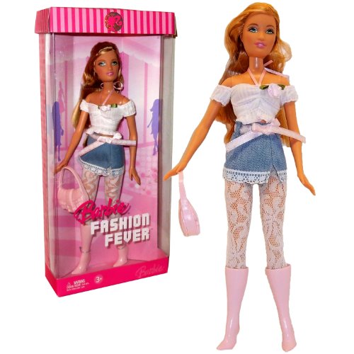 0708820168619 - MATTEL YEAR 2006 BARBIE FASHION FEVER SERIES 12 INCH TALL DOLL SET - SWEET, ADVENTUROUS AND CARING SUMMER (K8419) WITH WHITE NECK STRAP BLOUSE, BLUE DENIM MINI SKIRT WITH LACE AND PINK RIBBON BELT, LACE STOCKINGS, BOOTS AND PURSE