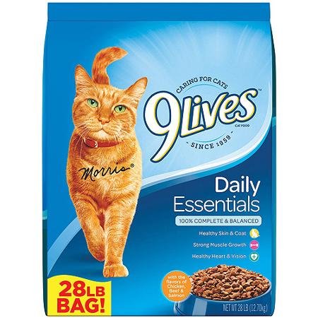 0709092296635 - 9LIVES DAILY ESSENTIALS 28-POUND DRY CAT FOOD, FLAVORS SALMON, CHICKEN, BEEF FOR DAILY ESSENTIAL, DELICIOUS, HEART HEALTH, CLEAR VISION, STRONG MUSCLES, & HEALTHY SKIN & COAT, 100% BALANCED LONG LIFE