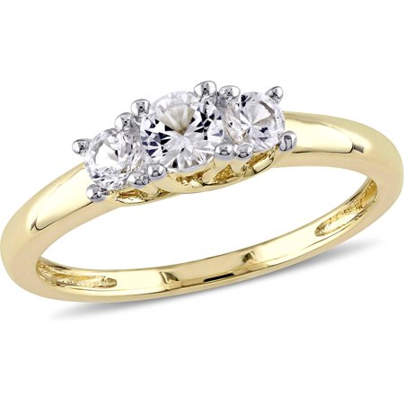 0070940250056 - 5/8 CARAT T.G.W. CREATED WHITE SAPPHIRE 10KT YELLOW GOLD THREE STONE ENGAGEMENT RING