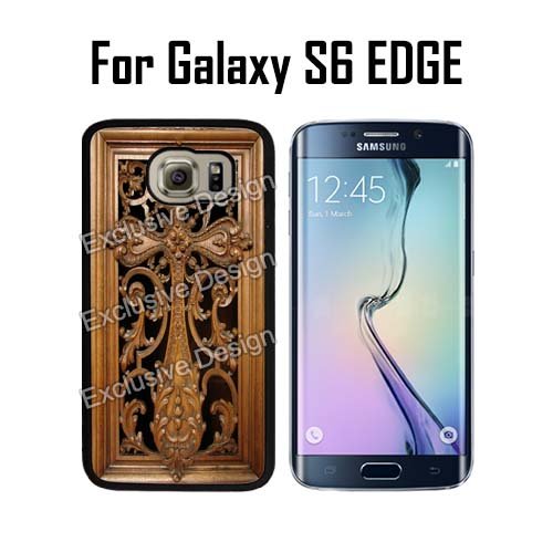 0709619647926 - CARVED WOOD CROSS CASE/COVER/SKIN FOR GALAXY S6 EDGE - BLACK - RUBBER CASE (SHIPS FROM CA)