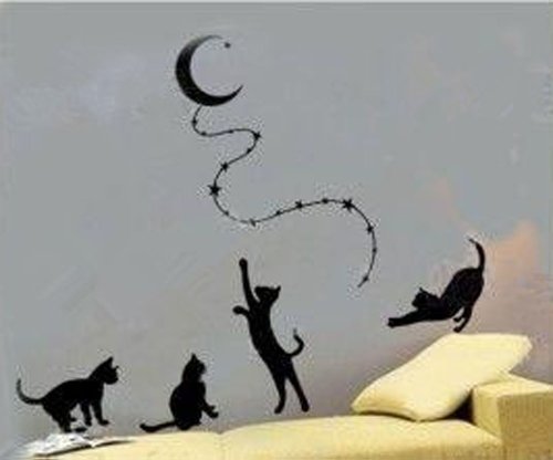 0709653000282 - CATS REACHING THE MOON WALL STICKER DECAL HOME DECOR FOR LIVING BED ROOM STUDY, BLACK