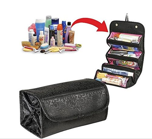 0709812292510 - LUXURY ROLL-N-GO COSMETIC BAG ROLL UP BATHROOM ORGANIZER EASY TO CARRY GOOD FOR TRAVEL WITH BIG CAPACITY (BLACK)