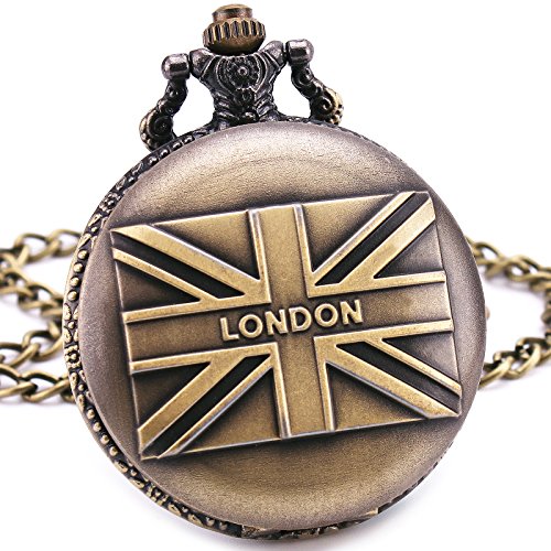 0709818867675 - LONDON ENGLAND FLAG BRITISH ANTIQUE VINTAGE RETRO BRONZE POCKET WATCH PENDANT CHAIN CLOCK SOUVENIRS