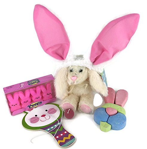 0709872620247 - ALL ABOUT BUNNY RABBITS EASTER BASKET GAMES STUFFERS BUNDLE - FIVE ITEMS: BUNNY EARS HEADBAND, BUNNY PADDLE BALL, BUNNY FACE CHALK 7 PIECES, SOFT CREAM BUNNY PLUSH, AND 4 PACK OF BUNNY PEEPS 1 1/8OZ