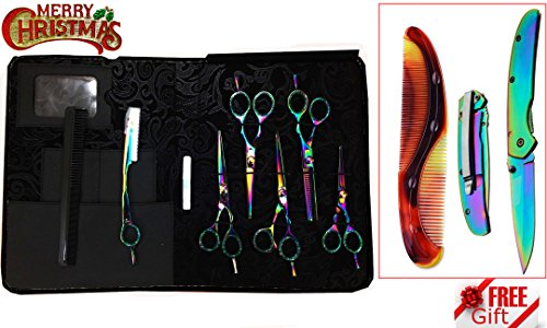 0710051900258 - ZZZRT MULTI COLOR JAPANESE J2 STAINLESS STEEL PRO RAZOR EDGE BARBER HAIR CUTTING SCISSORS SHEARS BARBER THINNING SCISSORS WITH FREE COMB & FOLDING POCKET KNIFE