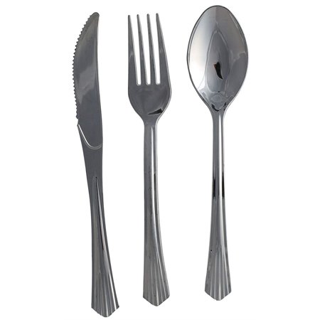0710228905598 - TABLE TO GO NEW SILVER REFLECTIONS HEAVYWEIGHT DISPOSABLE FLATWARE (100 PIECES), SILVER