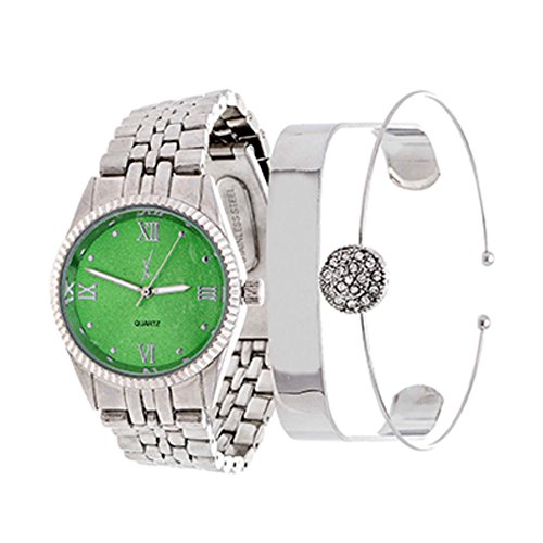 0710377969069 - FORTUNE NXS5373GR NYC ARM CANDY BOYFRIEND AND LADIE'S SILVER CASE/GREEN DIAL WITH SILVER STRAP WATCH