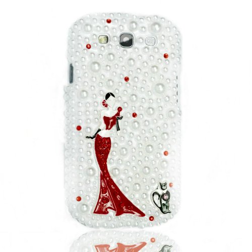 0710824573832 - NERO SAMSUNG GALAXY SIII I9300 WHITE HARD PLASTIC PEARLS HANDMADE BLING GLITTER RHINESTONE RED DRESS LADY & CAT DECOR CELL PHONE CASE COVER FOR PROTECTION