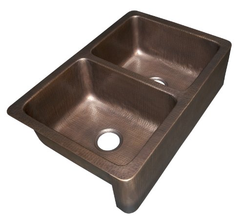 0710882160302 - ROCKWELL FARMHOUSE APRON FRONT HANDMADE PURE SOLID COPPER 33 IN. DOUBLE BOWL COPPER KITCHEN SINK IN ANTIQUE COPPER