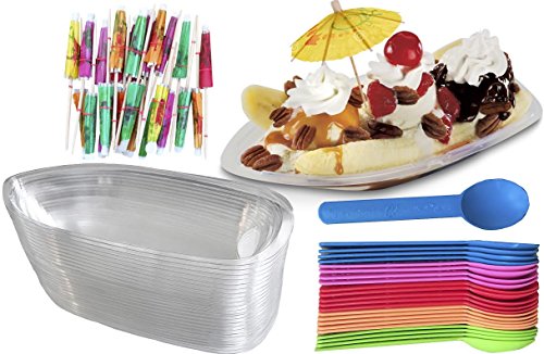 0710928542895 - OUTSIDE THE BOX PAPERS CLEAR PLASTIC BANANA SPLIT BOATS 12 OZ. - PAPER UMBRELLAS - ECO FRIENDLY PLASTIC SPOONS- 24 PACK
