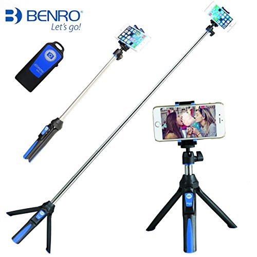 0711176734285 - BENRO HANDHELD TRIPOD 3 IN 1 SELF-PORTRAIT MONOPOD EXTENDABLE PHONE SELFIE STICK WITH BUILT-IN BLUETOOTH REMOTE SHUTTER - BLUE