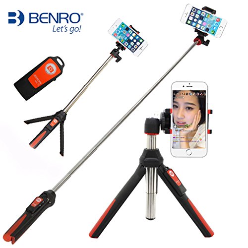 0711176734308 - BENRO HANDHELD TRIPOD 3 IN 1 SELF-PORTRAIT MONOPOD EXTENDABLE PHONE SELFIE STICK WITH BUILT-IN BLUETOOTH REMOTE SHUTTER - ORANGE