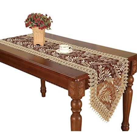 0711301535527 - BEIGE MAROON LACE TABLE RUNNER AND DRESSER RUNNERS EMBROIDERED LEAVES 16 BY 72 INCH LONG
