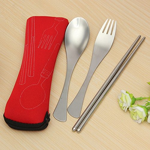 0711668423970 - TRAVELING CAMPING PICNIC SPOON FORK CHOPSTICKS SPORK CUTLERY { RED COLOR }