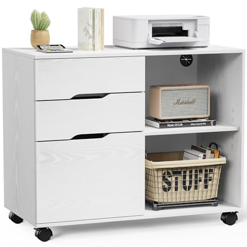 0711696804574 - SWEETCRISPY FILE CABINET 3 DRAWER - STORAGE FILING CABINETS OFFICE DRAWERS PRINTER STAND LATERAL MOBILE UNDER DESK ORGANIZER WOODEN WITH WHEELS ADJUSTABLE SHELVES FOR HOME, ROOM, SMALL SPACES, WHITE