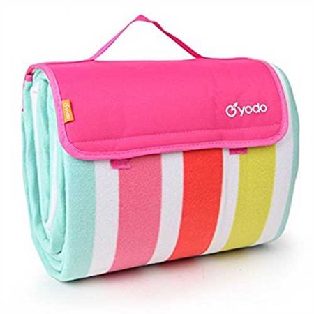 0711707622173 - YODO X-LARGE WATERPROOF PICNIC OURDOOR BLANKET TOTE 79 X 79 WITH HANDLE AND SOFT PADDING, SPRING SUMMER PINK/ GREEN STRIPE