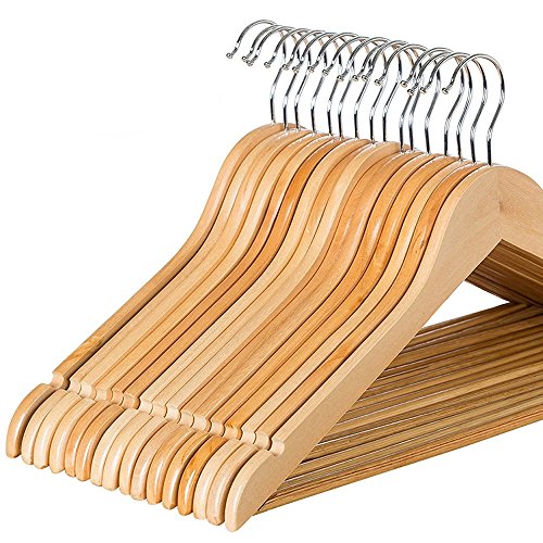 0711717439013 - ZOBER SOLID WOOD SUIT HANGERS WITH NON SLIP BAR AND CHROME HOOKS, NATURAL FINISH / WOODEN COAT, 20-PACK
