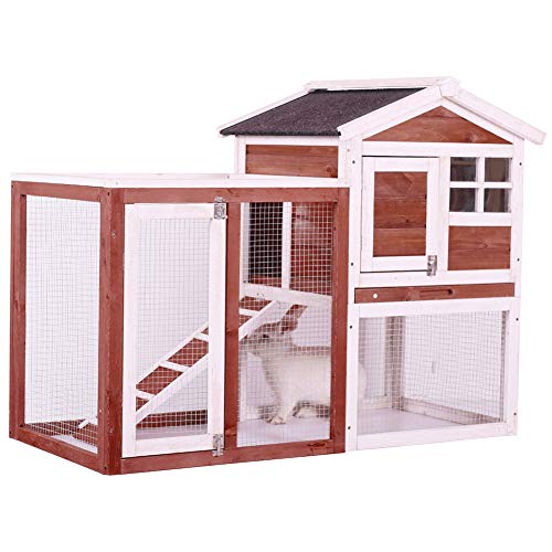 0711731948690 - LTTROMAT ANIMAL HUTCH, RABBIT CAGE, OUTDOOR LARGE WOODEN BUNNY HOUSE WITH VENTILATION DOOR, REMOVABLE TRAY AND RAMP FOR SMALL ANIMALS WITH RUN BUNNY HOUSE