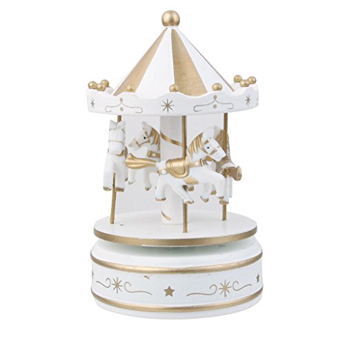0711746424684 - WOODEN MERRY-GO-ROUND CAROUSEL WIND UP MUSIC BOX KIDS GIFT-WHITE