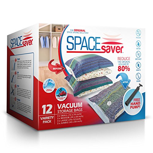0712038061280 - SPACESAVER PREMIUM VACUUM STORAGE BAGS (LIFETIME REPLACEMENT GUARANTEE) VARIETY PACK (3 X SMALL, MEDIUM, LARGE & JUMBO) 80% MORE STORAGE THAN OTHER BRANDS! FREE HAND-PUMP FOR TRAVEL!