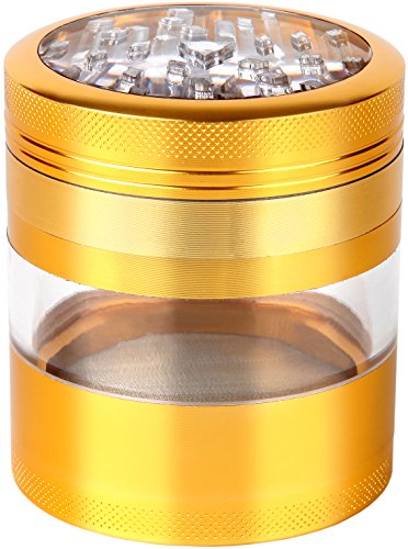 0712096888072 - LARGE SPICE TOBACCO HERB WEED GRINDER - FOUR PIECE WITH POLLEN CATCHER - 3.25 INCHES TALL - PREMIUM GRADE ALUMINUM - ZIP GRINDERS (2.5, GOLD)