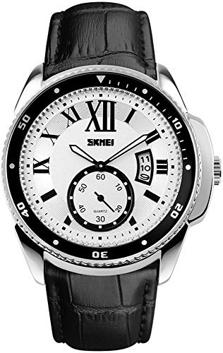 0712243809486 - MEN'S LEATHER STRAP ANALOG SUB DIAL FOR SECOND CALENDAR WATERPROOF SPORT QUARTZ WATCH SK1135 WHITE DIAL