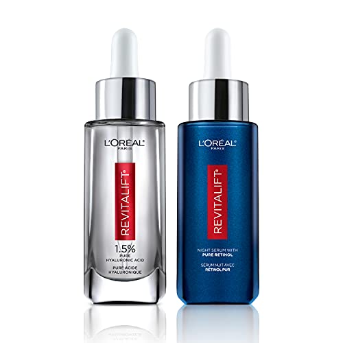 0071249664513 - LOREAL PARIS 1.5% PURE HYALURONIC ACID SERUM FOR FACE WITH VITAMIN C AND .3 PURE RETINOL NIGHT SERUM FOR FACE REVITALIFT DERM INTENSIVES ANTI-AGING SKIN CARE DAY NIGHT REGIMEN, 1 KIT