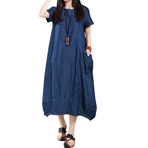 0712809926732 - WOMEN'S NEW COTTON O-NECKLINE CLOTHING A-LINE LOOSE DENIM DRESSES (L, BLUE)