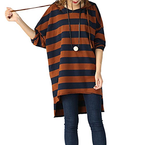 0713262000571 - WOMEN SHORT SLEEVE STRIPED LOOSE T-SHIRT (ONE SIZE, BROWN)