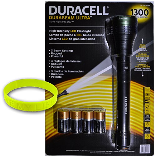 0713331310600 - DURACELL DURABEAM ULTRA, HIGH INTENSITY 1300 LUMENS LED FLASHLIGHT WITH SLIDE HEAD TO FOCUS BEAM & ZOOM FOCUS FEATURE+ LIVEMYLIFE WRISTBAND (LARGE, DURACELL 1300 BLACK)