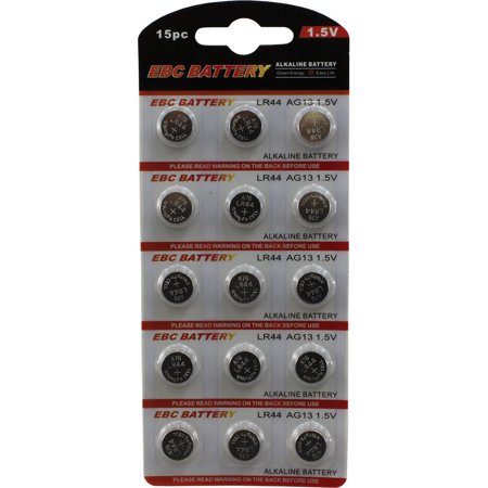 0713382592710 - 15 PACK LR44 AG13 BATTERY - EBC PREMIUM ALKALINE 1.5 VOLT NON RECHARGEABLE ROUND BUTTON CELL BATTERIES FOR WATCHES CLOCKS REMOTES GAMES CONTROLLERS TOYS & ELECTRONIC DEVICES - 2022 EXP DATE