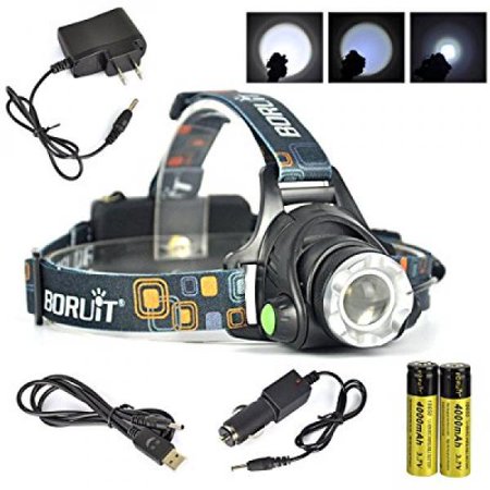 0713458929396 - BORUIT XML-T6 LED HEADLAMP ADJUSTABLE,RECHARGEABLE FOR BIKE LAMP,CAMPING,RUNNING,HIKING,READING,HUNTING&FISHING; 2*18650 RECHARGEABLE BATTERIES+AC CHARGER+CAR CHARGER