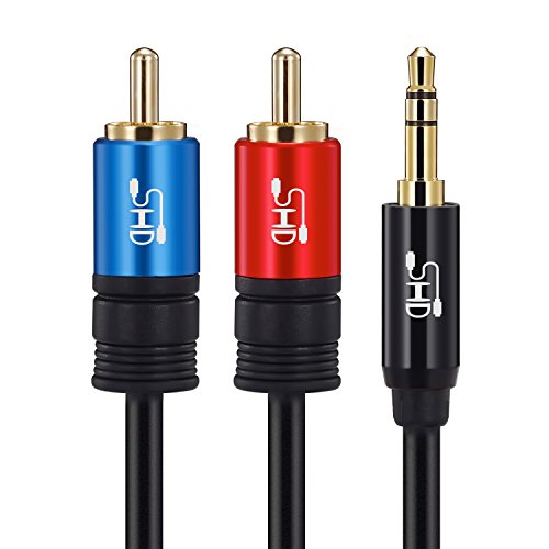 0713463447106 - SUPER HD 3.5MM AUX TO 2RCA Y SPLITTER STEREO AUDIO CABLE MALE TYPE OFC CONDUCTOR HIGH FLEXIBLE PVC JACKET DUAL SHIELDING GOLD PLATED HIGH END METAL SHELL-BLACK 3FEET/1M