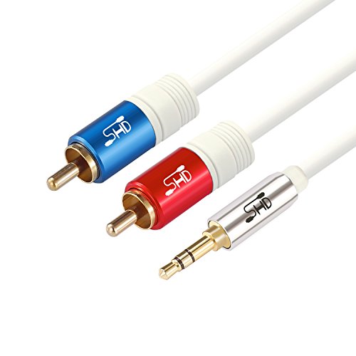 0713463447144 - SUPER HD 3.5MM AUX TO 2RCA Y SPLITTER STEREO AUDIO CABLE MALE TYPE OFC CONDUCTOR HIGH FLEXIBLE PVC JACKET DUAL SHIELDING GOLD PLATED HIGH END METAL SHELL-WHITE 6FEET/2M