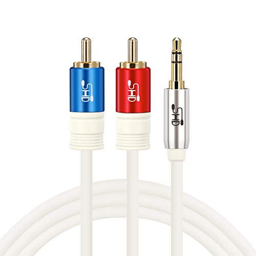 0713463447151 - SUPER HD 3.5MM AUX TO 2RCA Y SPLITTER STEREO AUDIO CABLE MALE TYPE OFC CONDUCTOR HIGH FLEXIBLE PVC JACKET DUAL SHIELDING GOLD PLATED HIGH END METAL SHELL-WHITE 10FEET/3M