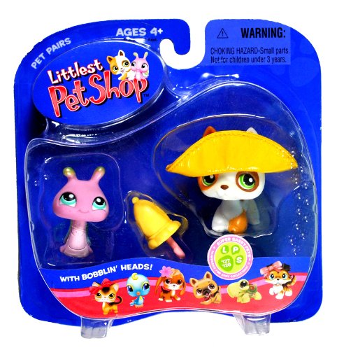 0713733263207 - HASBRO YEAR 2006 LITTLEST PET SHOP PET PAIRS SUPER SASSY PETS SERIES BOBBLE HEAD PET FIGURE SET - PURPLE SNAIL WITH GREEN SHELL (#128) AND WHITE JACK RUSSEL TERRIER PUPPY DOG (#127) WITH BROWN SPOT PLUS YELLOW HAT AND UMBRELLA