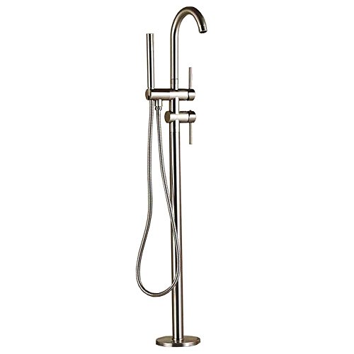 0713741874471 - ZOVAJONIA BRUSHED NICKEL FLOOR MOUNTED BATHTUB SHOWER FAUCET SET 2 HANDLES FREE STANDING TUB FILLER WITH HAND SHOWER