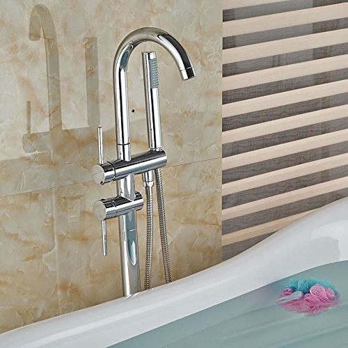 0713741874488 - ZOVAJONIA CHROME FINISH FLOOR MOUNTED BATHTUB SHOWER FAUCET SET FREE STANDING SINGLE LEVER TUB FILLER MIXER TAPS WITH HAND SHOWER