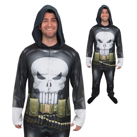 0714147356684 - BRIEFLY STATED MEN’S MARVEL COMICS THE PUNISHER ONE PIECE UNION SUIT HOODED PAJAMA