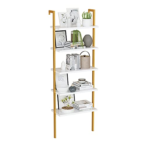 0714243369250 - AWQM MARBLE LADDER SHELF, 5 TIER WOOD WALL-MOUNTED BOOKCASE WITH STABLE METAL FRAME, 71 INCHES INDUSTRIAL BOOKSHELF KITCHEN STORAGE SHELF ,STAND BOOKSHELF FOR BEDROOM LIVING ROOM OFFICE,GOLD +WHITE